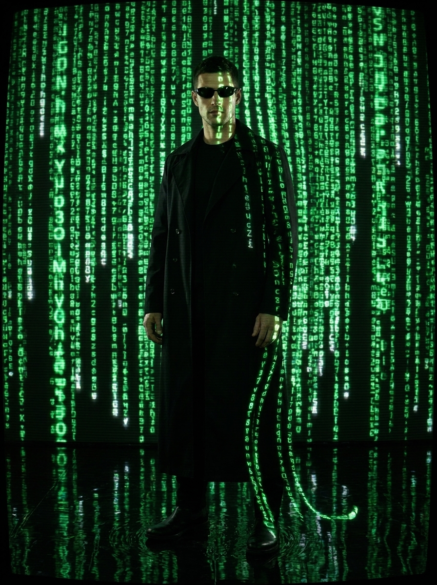 Digital Rain AI photo style example generated with Elyra — Trench coat, green code rain, the one and only.