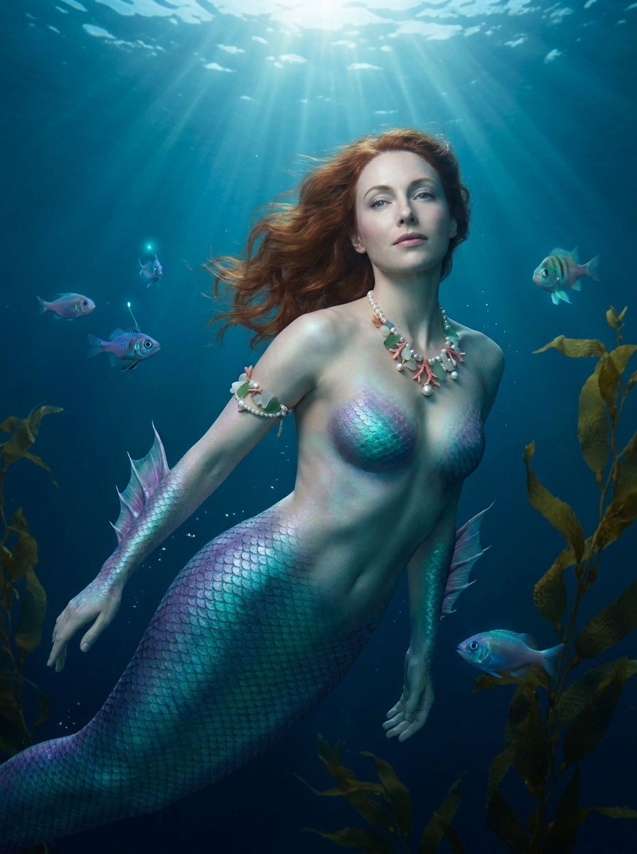 Mermaid of the Depths AI photo style example generated with Elyra — Iridescent scales and sunbeams from another world.