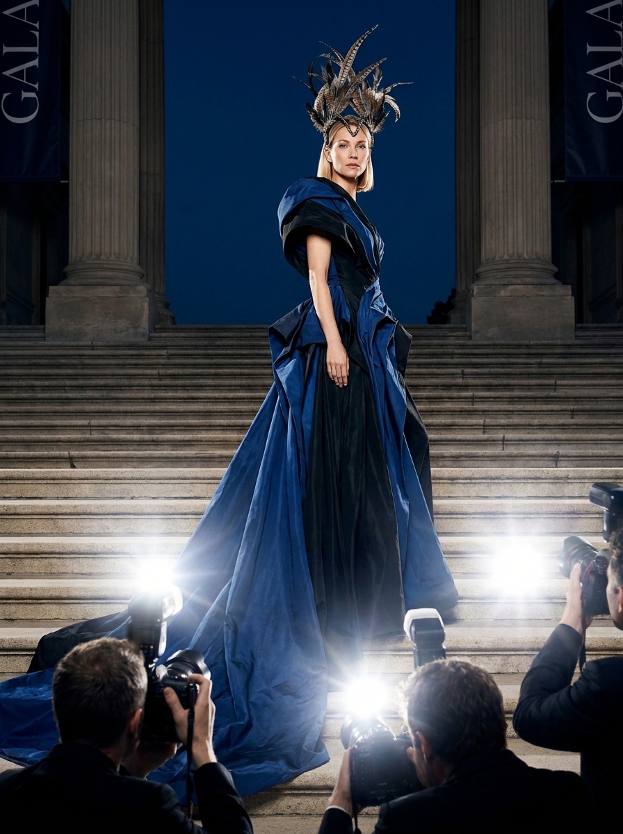 Met Gala Entrance AI photo style example generated with Elyra — Avant-garde couture on the most famous stairs in fashion.