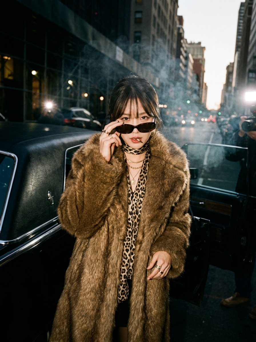 Mob Wife Energy AI photo style example generated with Elyra — Fur coat, gold everything, don't ask about the business.