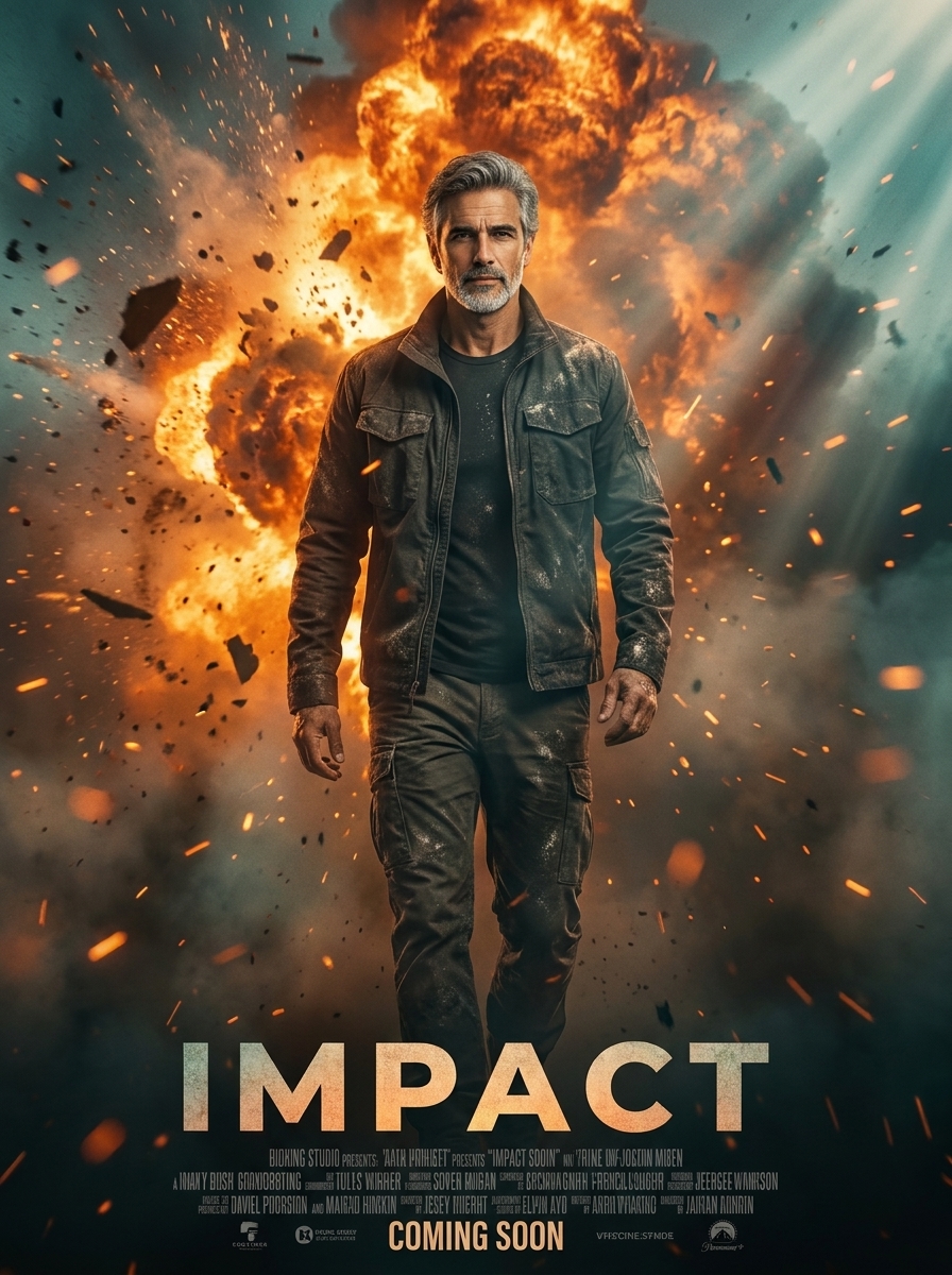 Blockbuster Movie Poster AI photo style example generated with Elyra — Explosions behind you. You never look at them.