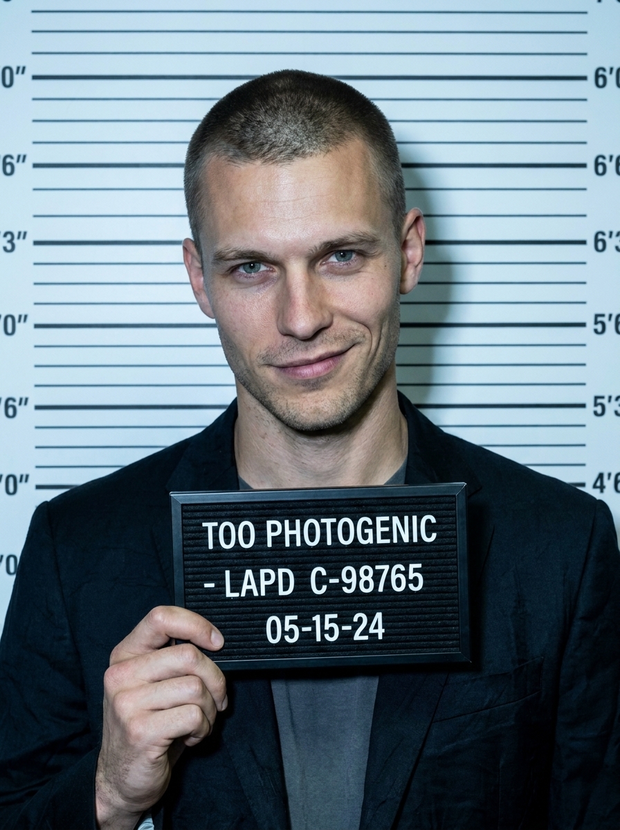 Celebrity Mugshot AI photo style example generated with Elyra — Height chart, harsh flash, still somehow iconic.