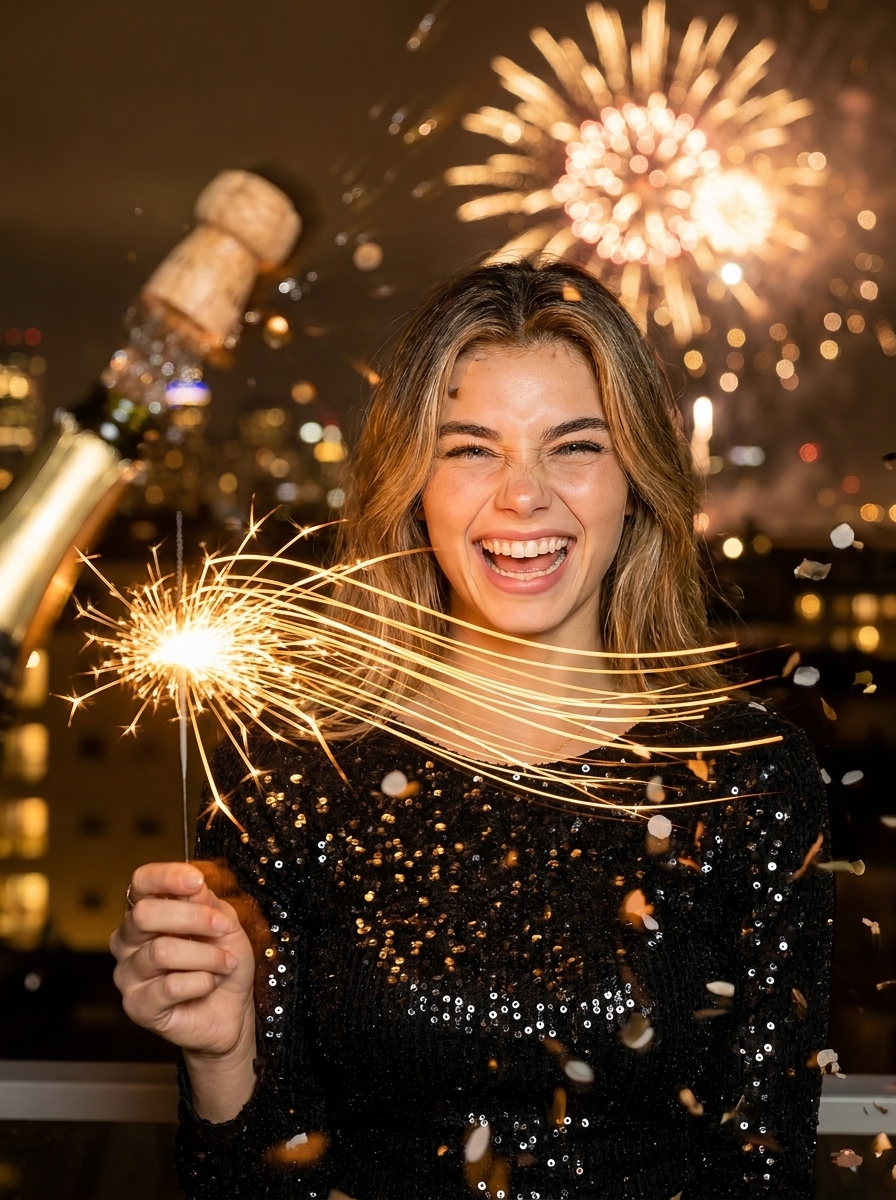 Midnight Sparkler AI photo style example generated with Elyra — Sequins, champagne gold, and the exact stroke of midnight.