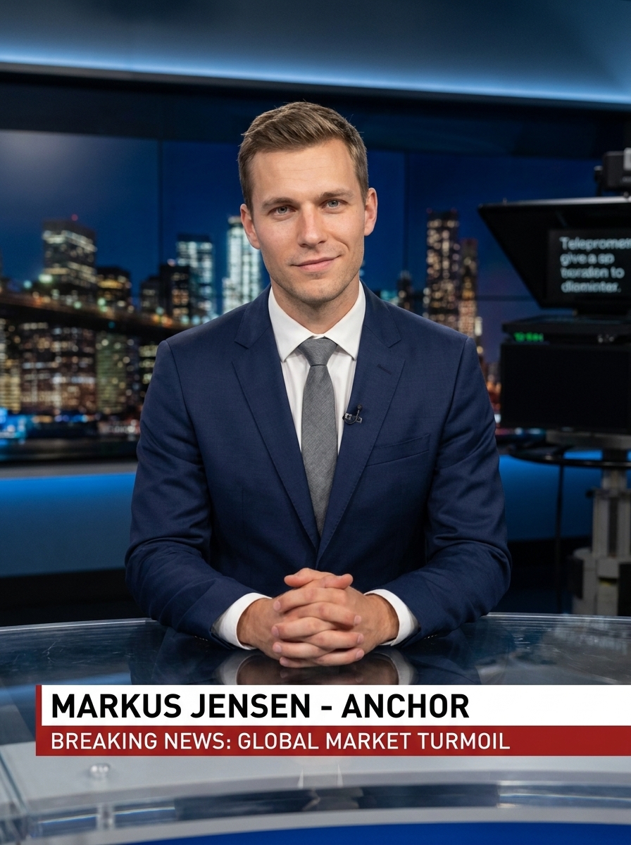 Breaking News Anchor AI photo style example generated with Elyra — Live at 9 — with your name in the chyron.