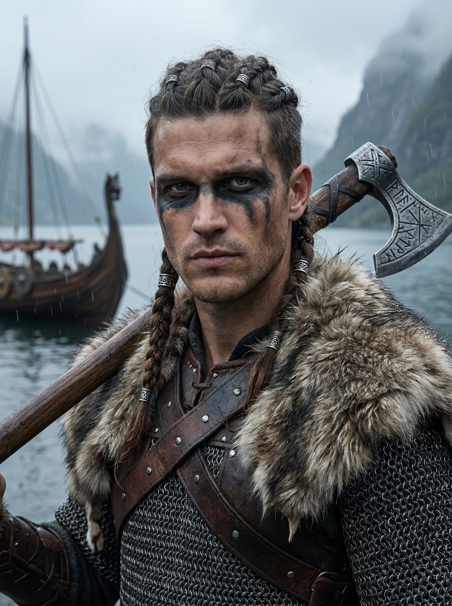 Norse Raider AI photo style example generated with Elyra — Braids, war paint, and fjord wind that never stops.