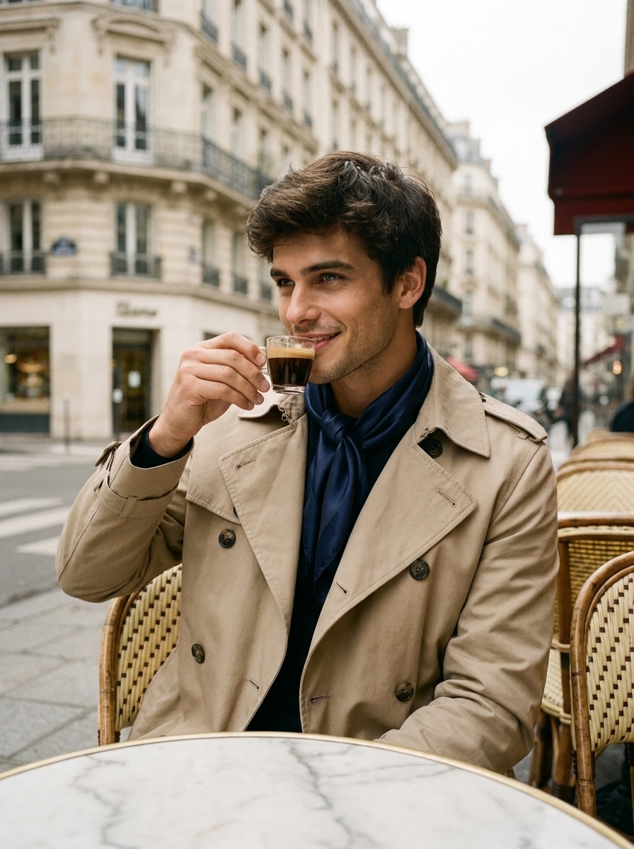 Parisian Café Muse AI photo style example generated with Elyra — Espresso, trench coat, effortless French cinema.