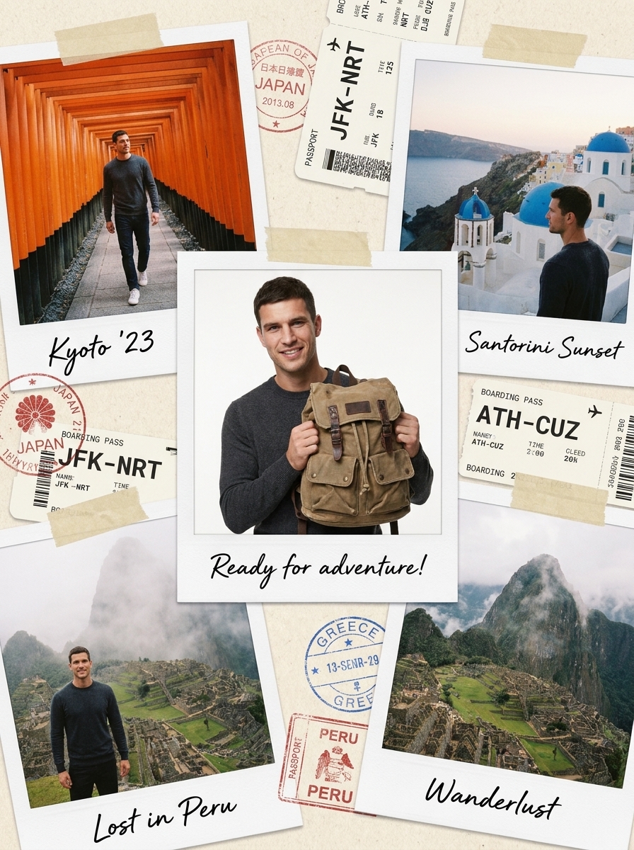 World Traveler Collage AI photo style example generated with Elyra — One face, seven wonders, a passport full of proof.