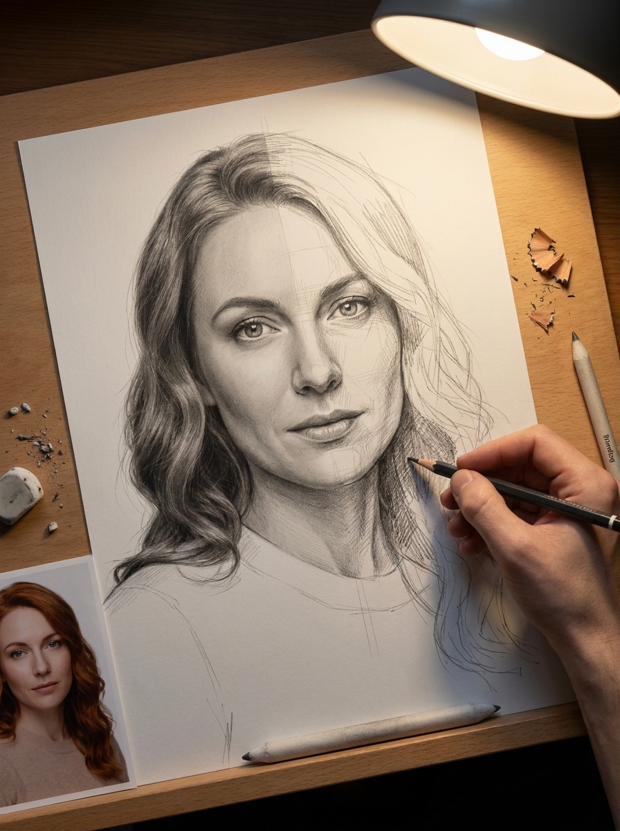 Pencil Drawing In Progress AI photo style example generated with Elyra — Half photo-real graphite, half naked sketch — artist at work.