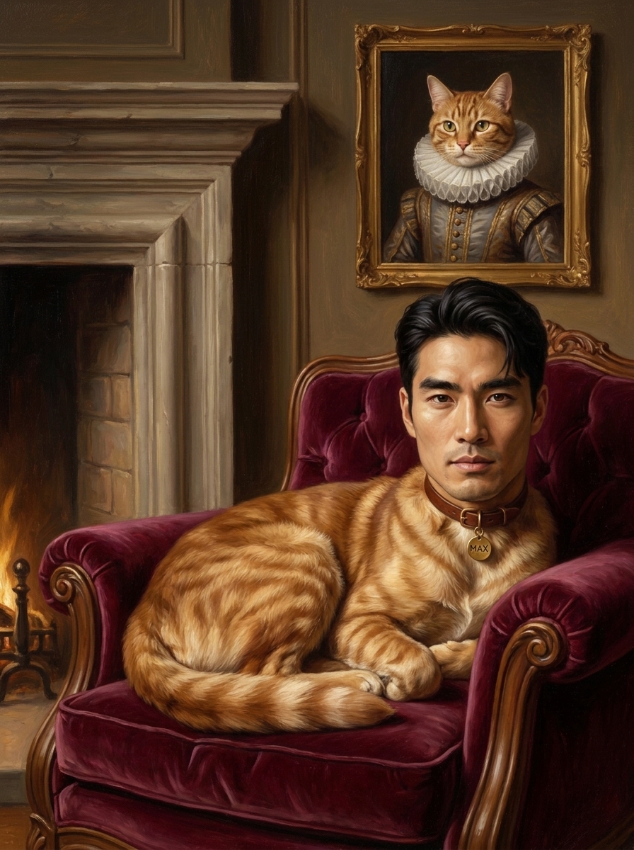 Pet & Owner Swap AI photo style example generated with Elyra — You on the couch — as painted by your own pet.