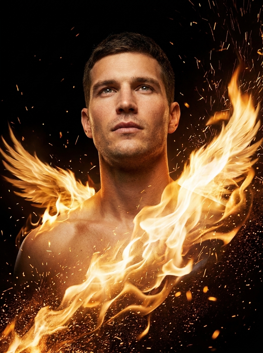Phoenix Rebirth AI photo style example generated with Elyra — Rising from embers in a storm of gold fire.
