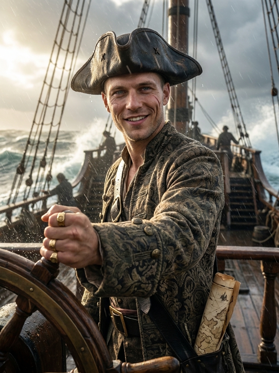 Pirate Captain AI photo style example generated with Elyra — Storm on the horizon, map in hand, crew at your back.
