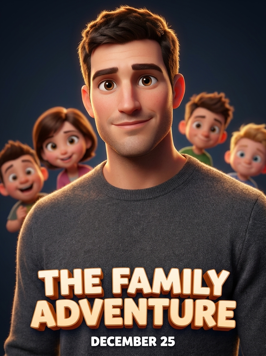 Animated Movie Poster AI photo style example generated with Elyra — You as the big-eyed hero of this summer's family blockbuster.
