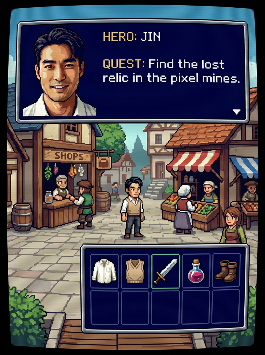 16-Bit RPG Hero AI photo style example generated with Elyra — Sprite-sheet you with a pixel hometown behind.