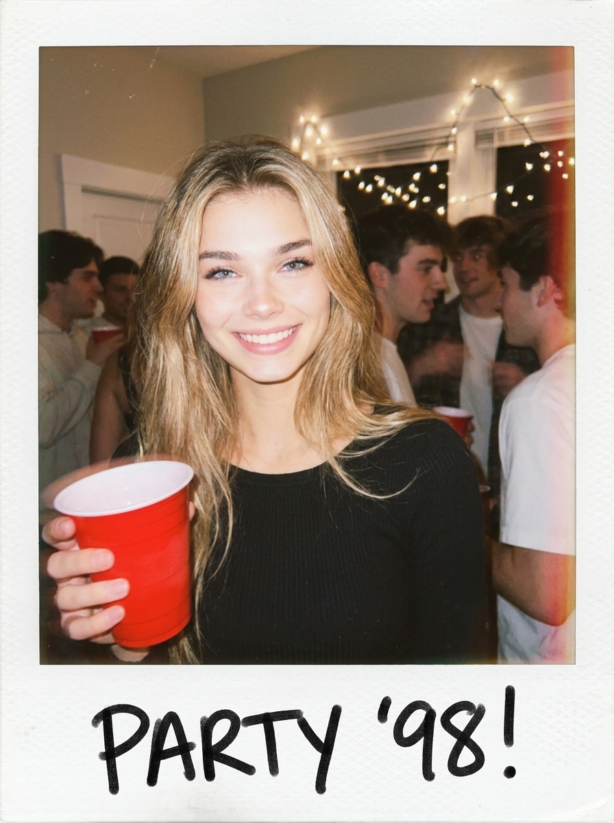 90s Flash Polaroid AI photo style example generated with Elyra — One harsh flash, one perfect candid, instant classic.