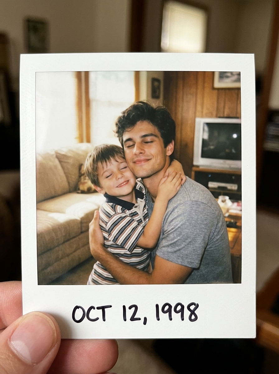 Hug From Younger You AI photo style example generated with Elyra — A polaroid where you embrace your childhood self.