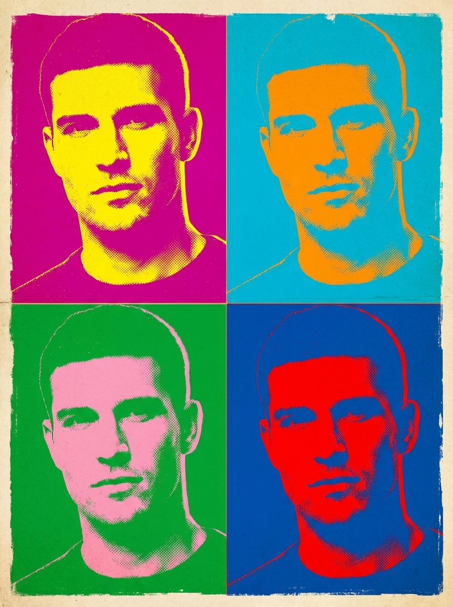 Pop Art Grid AI photo style example generated with Elyra — Four-panel silkscreen you in electric factory colors.
