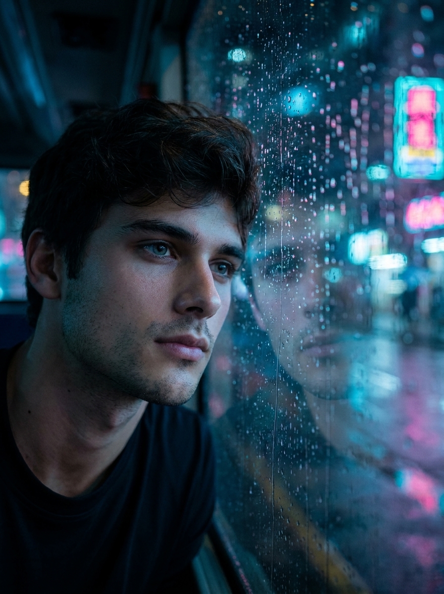 Blue Rain Window AI photo style example generated with Elyra — Neon rain on glass, thousand-yard stare, sad-song energy.