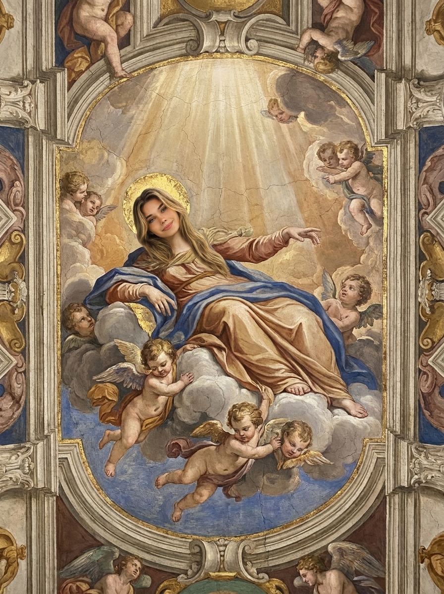 Sistine Fresco AI photo style example generated with Elyra — You among the clouds of a cathedral ceiling.