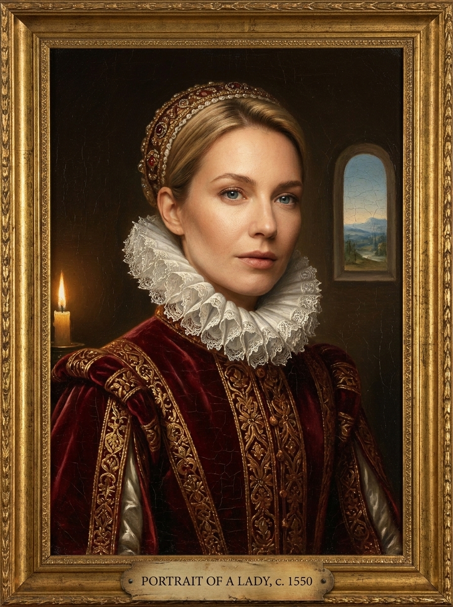 Renaissance Oil Portrait AI photo style example generated with Elyra — Gilded frame, candlelit skin, 500 years of gravitas.
