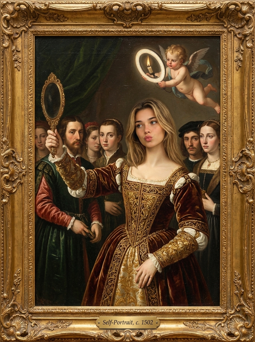 Renaissance Selfie AI photo style example generated with Elyra — Oil-painted arm outstretched — the first selfie ever taken.