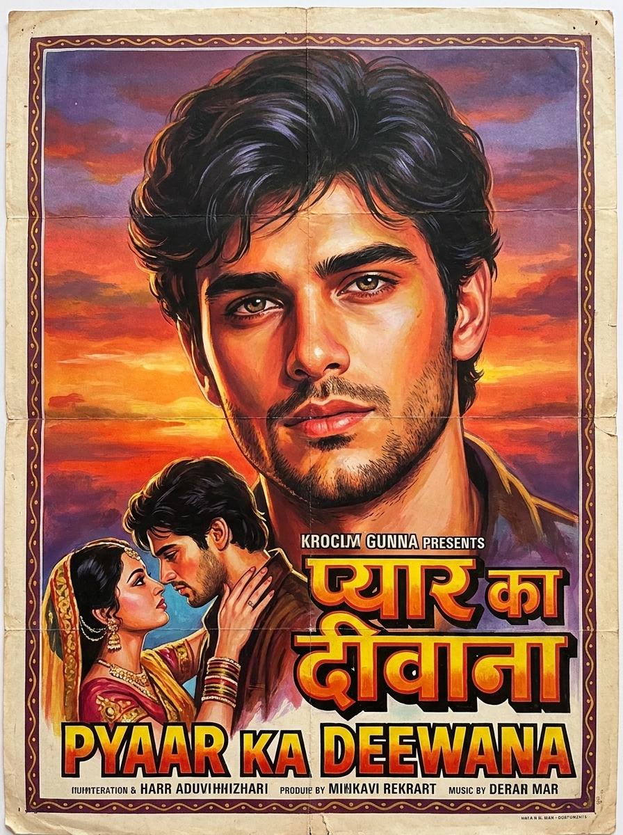 90s Bollywood Poster AI photo style example generated with Elyra — Hand-painted drama, double exposure, impossible wind.
