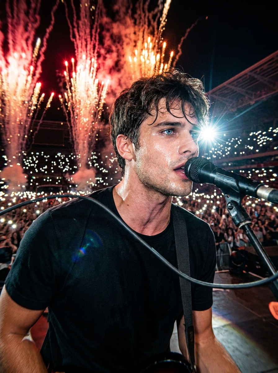 Stadium Rockstar AI photo style example generated with Elyra — Pyro, sweat, and sixty thousand phone lights.