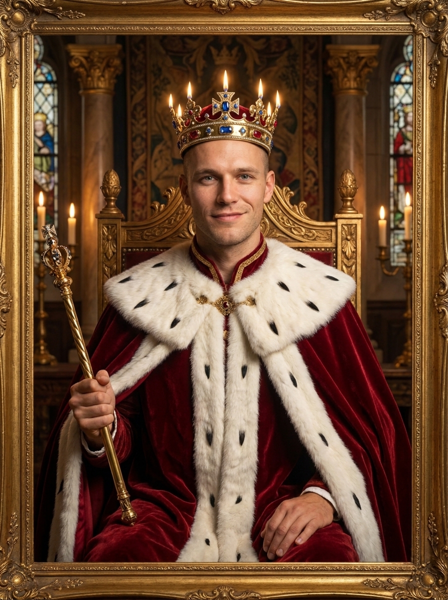 Royal Coronation AI photo style example generated with Elyra — Crown, ermine, and a portrait for the palace wall.
