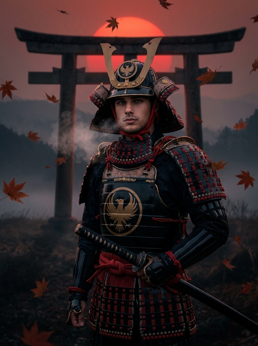 Samurai at Dusk AI photo style example generated with Elyra — Lacquered armor, falling maple leaves, perfect stillness.