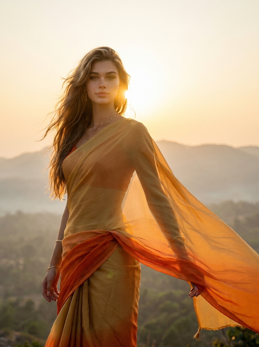Cinematic Saree Portrait AI photo style example generated with Elyra — Golden-hour chiffon saree, wind, and old-Bollywood grace.