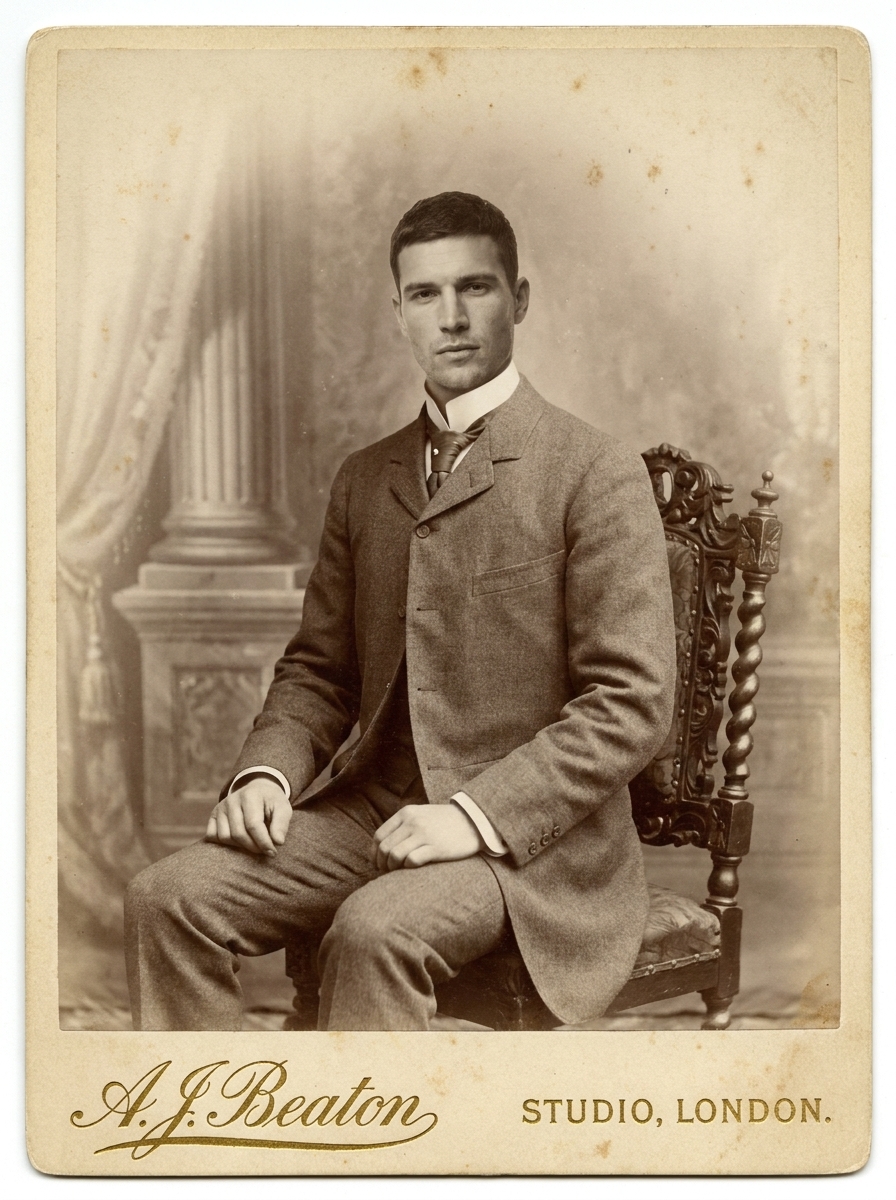 1900s Studio Portrait AI photo style example generated with Elyra — Cabinet-card formality from the age of long exposures.