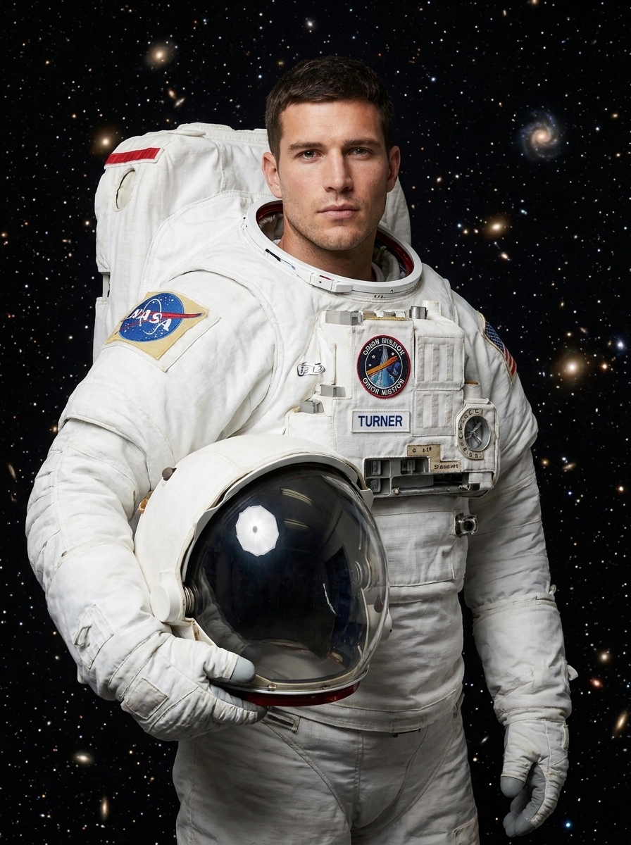 Mission Portrait AI photo style example generated with Elyra — NASA-grade astronaut portrait with the visor reflection.