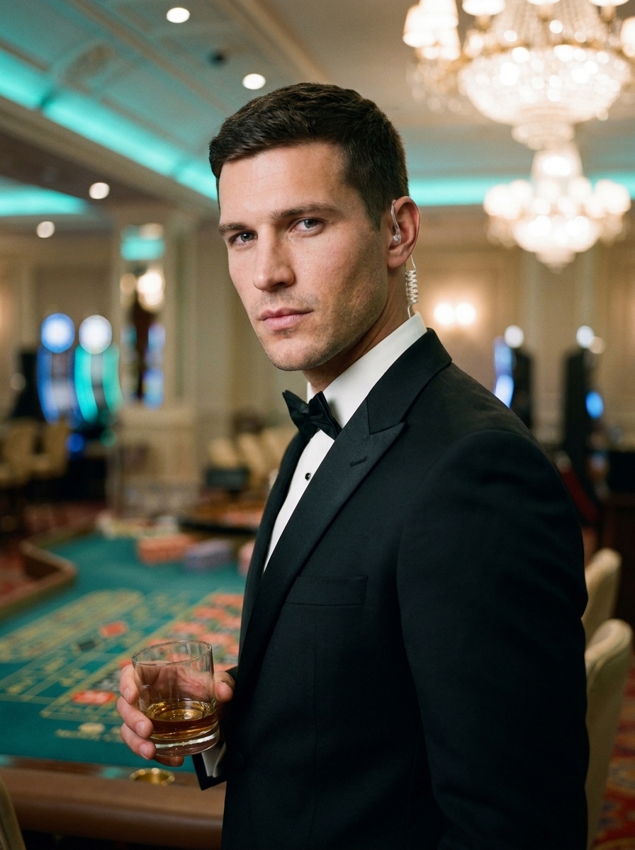 Spy Thriller Lead AI photo style example generated with Elyra — Tailored suit, casino lights, license to look incredible.