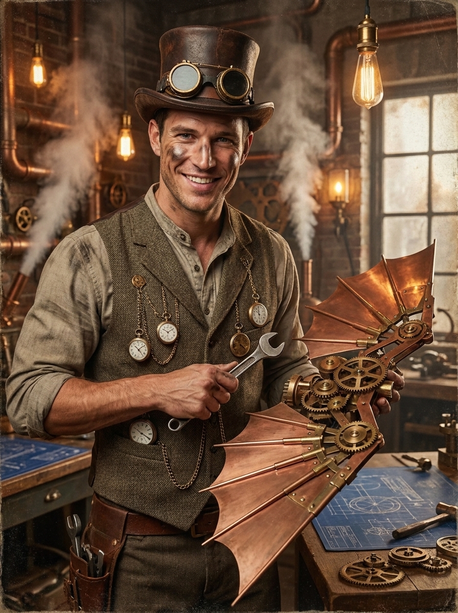 Steampunk Inventor AI photo style example generated with Elyra — Brass goggles, gear-work wings, workshop steam.