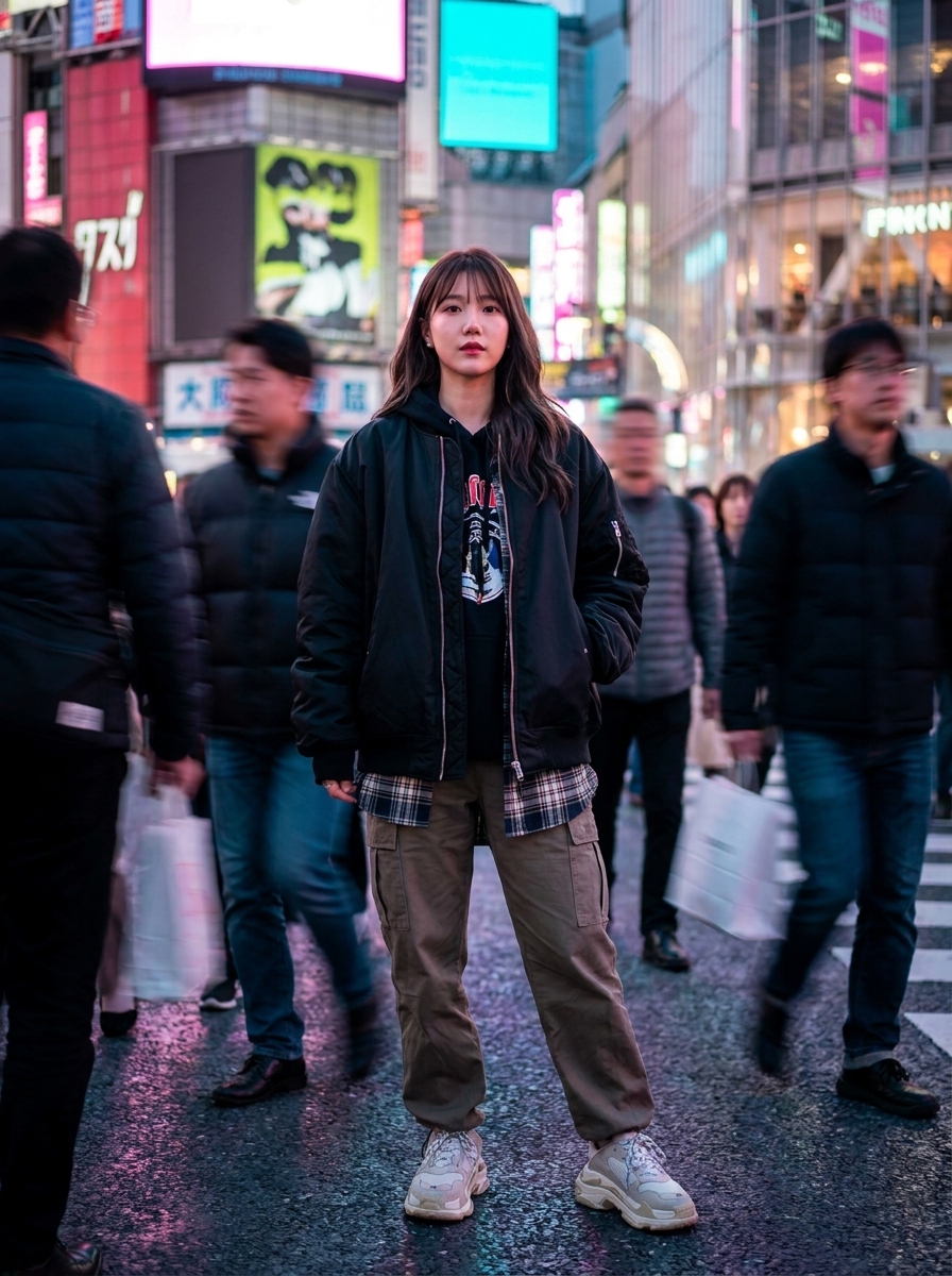 Tokyo Street Style AI photo style example generated with Elyra — Shibuya crossing fit-check under neon dusk.