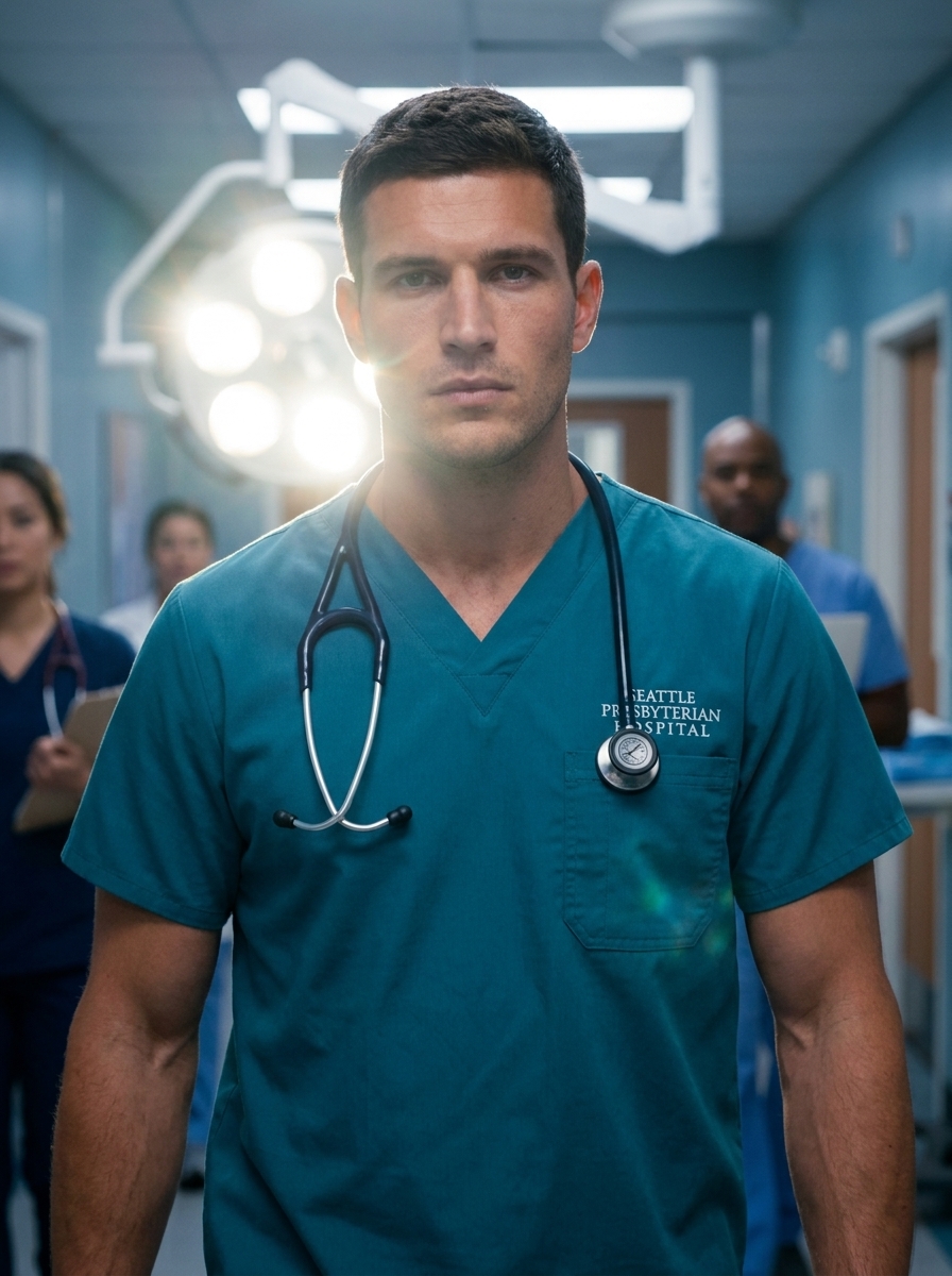 TV Drama Doctor AI photo style example generated with Elyra — Scrubs, corridor lighting, season-finale gravitas.