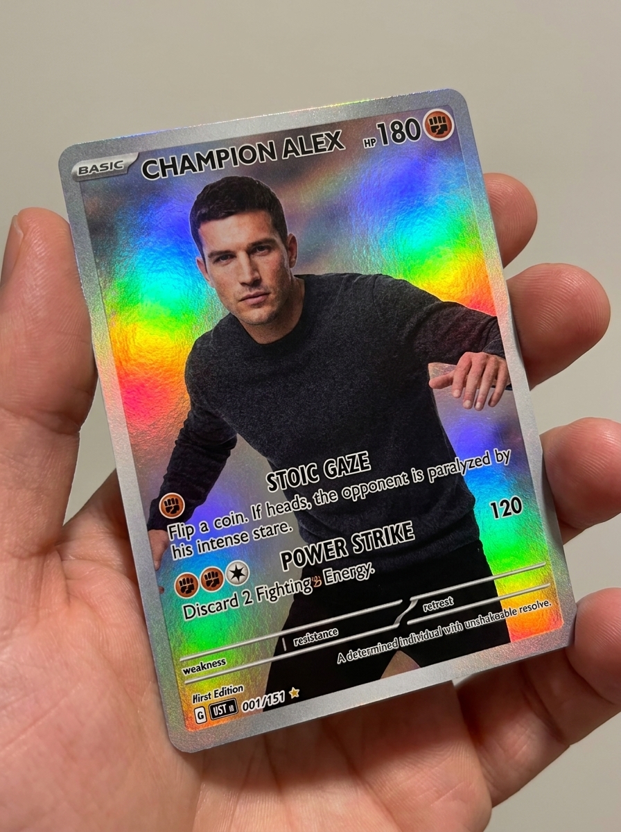 Holo Trading Card AI photo style example generated with Elyra — Ultra-rare foil you — first edition, mint grade.