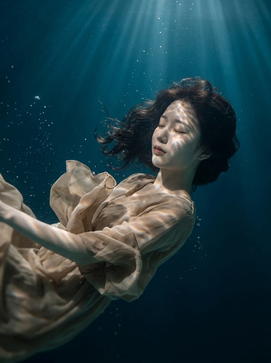 Underwater Reverie AI photo style example generated with Elyra — Suspended in blue light, fabric blooming like ink.