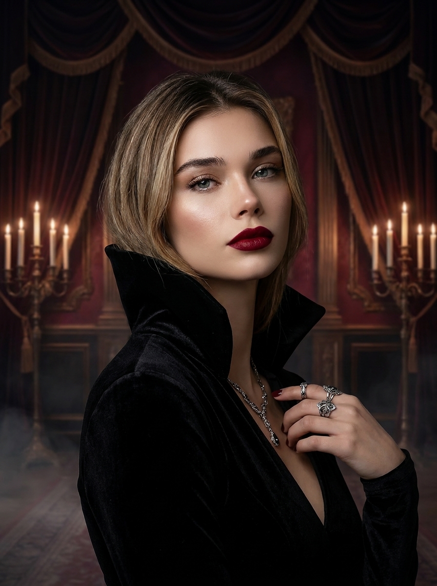Gothic Glamour AI photo style example generated with Elyra — Velvet, blood-red lips, immortal cheekbones.