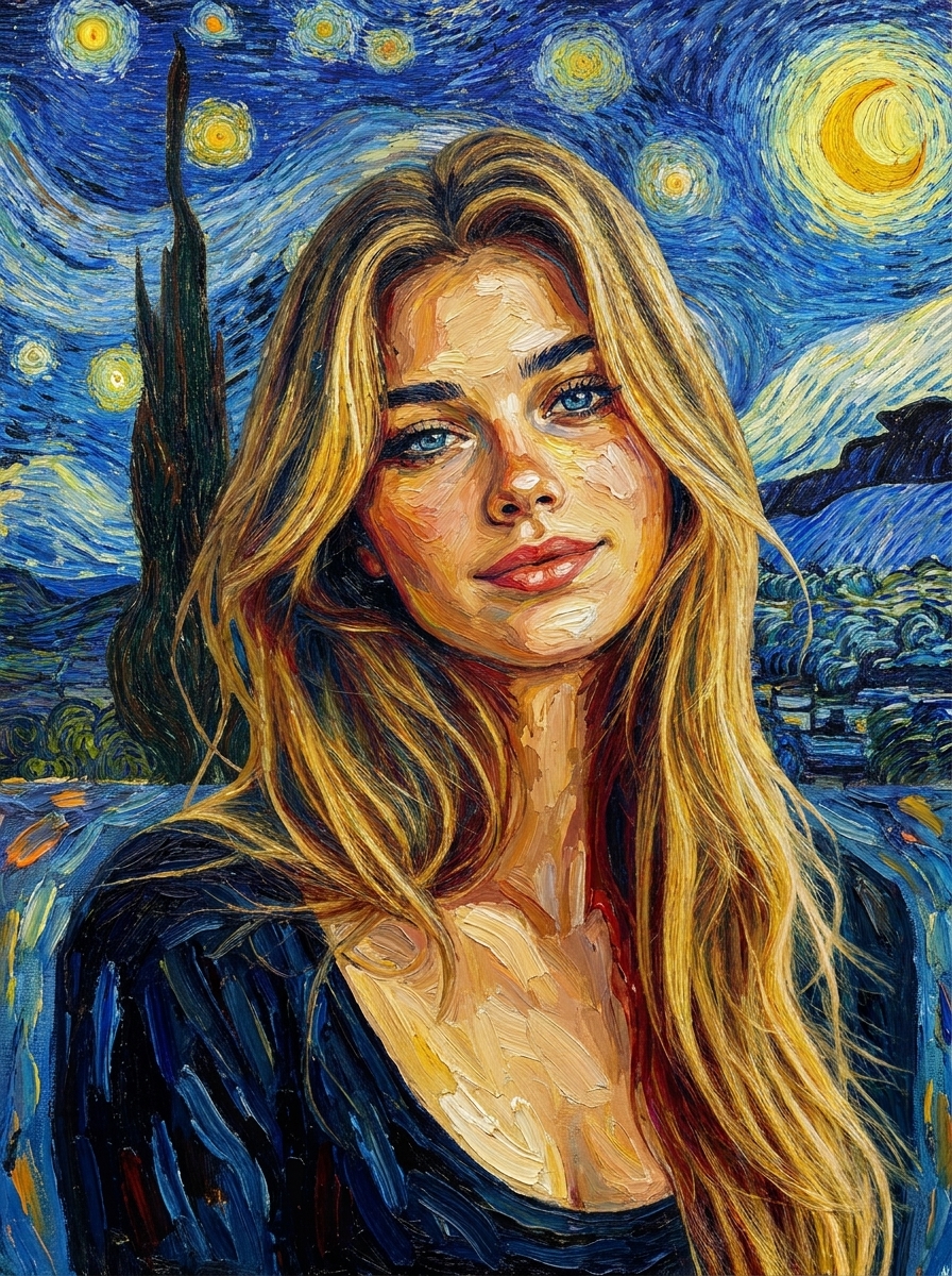 Starry Night Portrait AI photo style example generated with Elyra — Impasto swirls and a sky that moves around you.