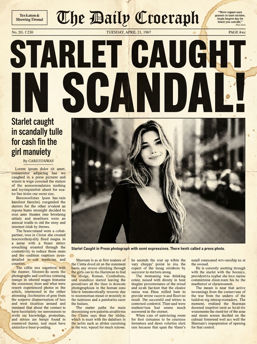Vintage Tabloid Scandal AI photo style example generated with Elyra — Grainy 1968 front page — you're the headline.