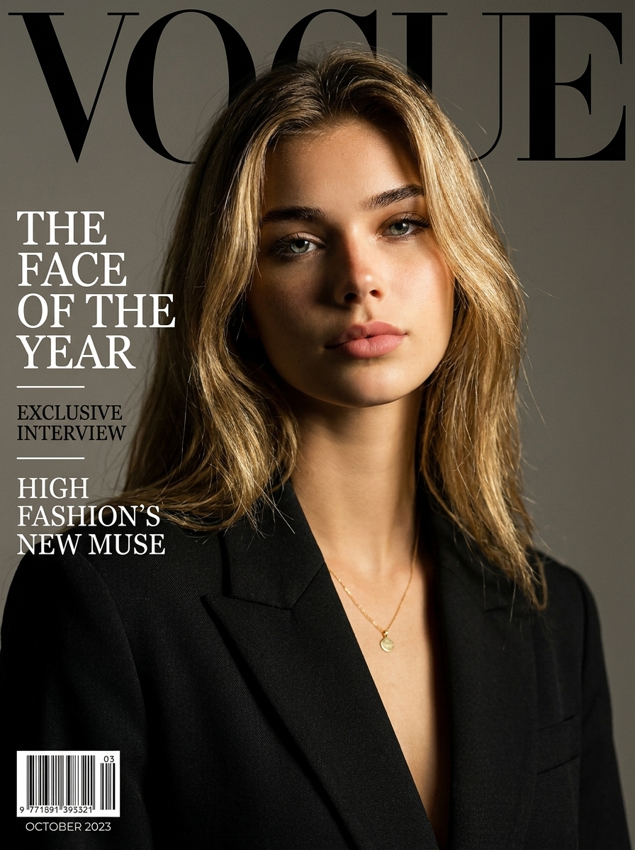 Magazine Cover Star AI photo style example generated with Elyra — High-fashion cover shoot with masthead and cover lines.