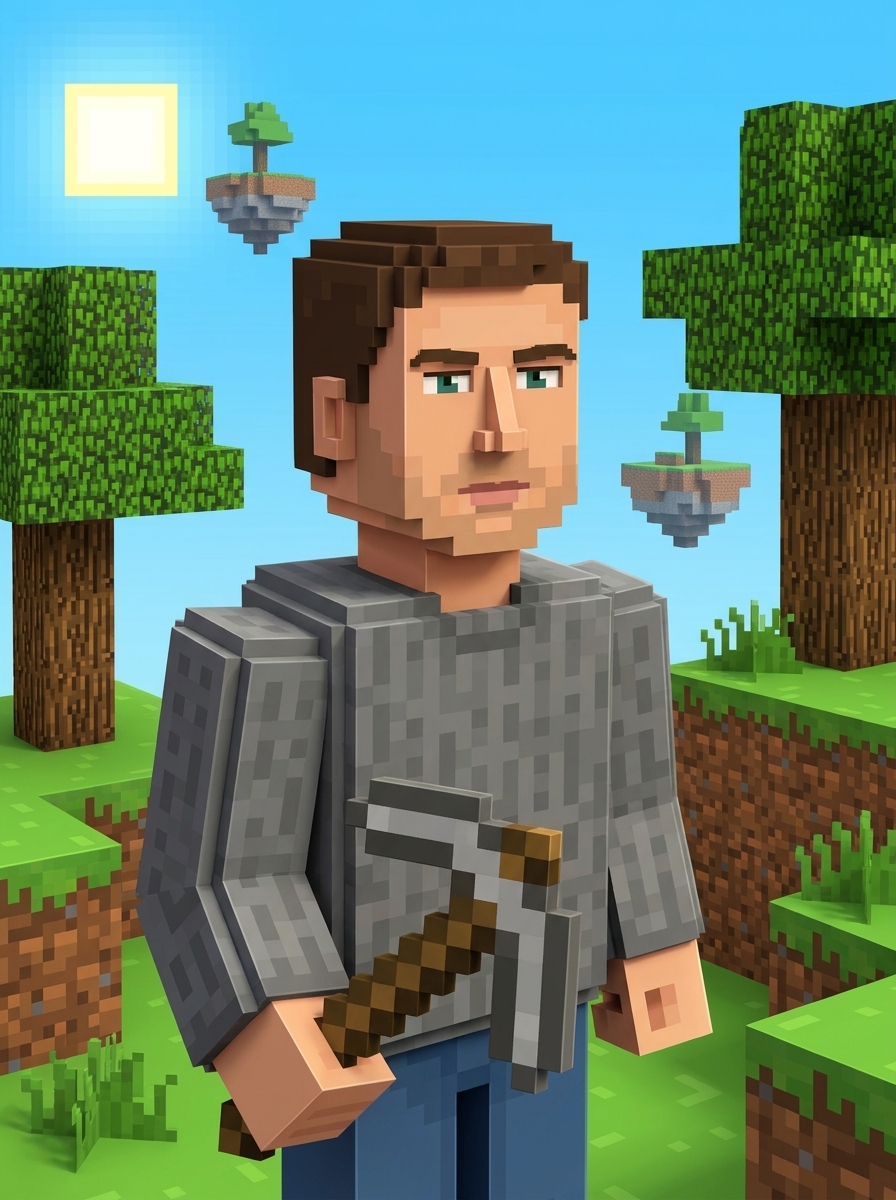Voxel Builder World AI photo style example generated with Elyra — Blocky sandbox you in a world made of cubes.