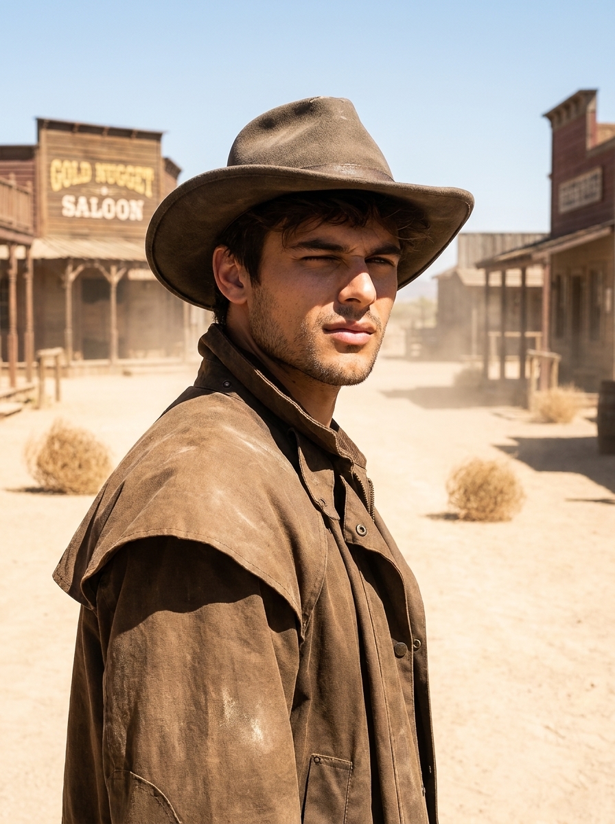 Desert Outlaw AI photo style example generated with Elyra — Dust, duster coat, and a stare that ends conversations.