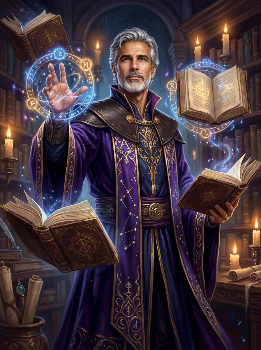 Arcane Sorcerer AI photo style example generated with Elyra — Robes, runes, and raw magic crackling in your palms.