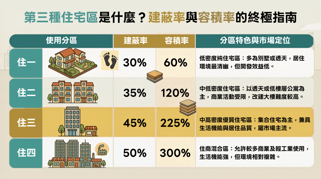 一張關於台北市住宅分區價值的知識型圖解封面。圖表詳細對比了住一至住四的建蔽率與容積率，其中特別以黃色高亮標示『住三』分區，強調其 45% 建蔽率與 225% 容積率。