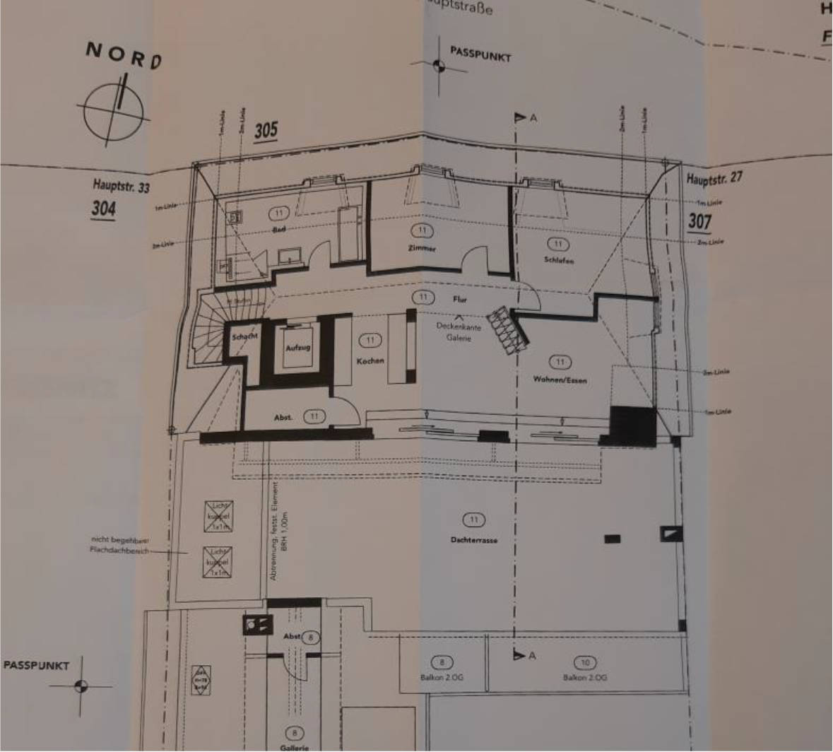 Eigentumswohnung (3 bis 4 Zimmer), 103,43/1000 ME an Wohnung im DG mit Galerie und Dachterasse sowie Diele im 2. OG und Kellerraum im EG SE-Nr. 11 und 1/1000 ME an Garagenstellplatz im Aufteilungsplan bezeichnet mit Nr. 13 im 2 UG in Hauptstraße 29, 31 und Rosengasse 8, 91257 Pegnitz - Bild 2