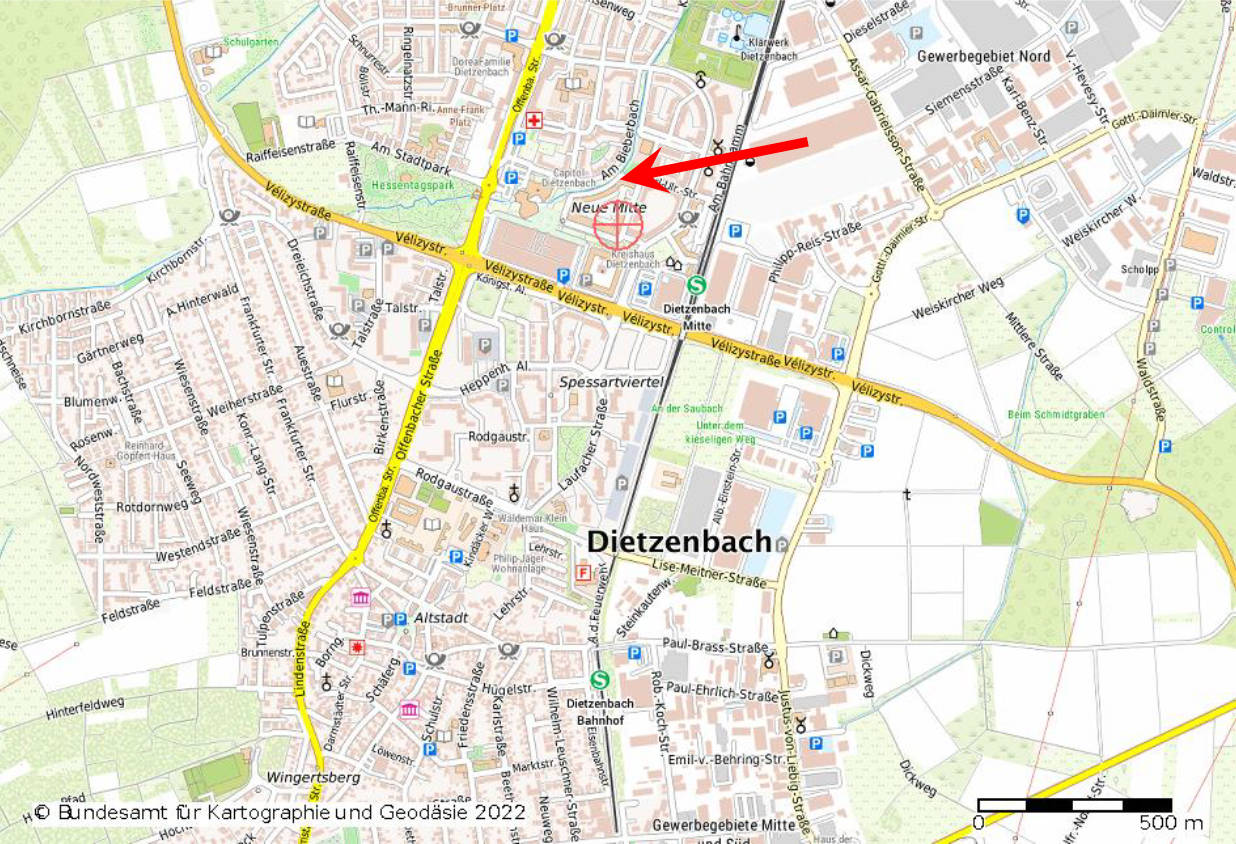 hessen 0007K0074-2021 1. Georg-August-Zinn-Straße. 20-22, Werner-Hilpert-Straße.6-16  2. Werner-Hilpert-Straße, Georg-August-Zinn-Straße, Am Bieberbach, 63128 Dietzenbach