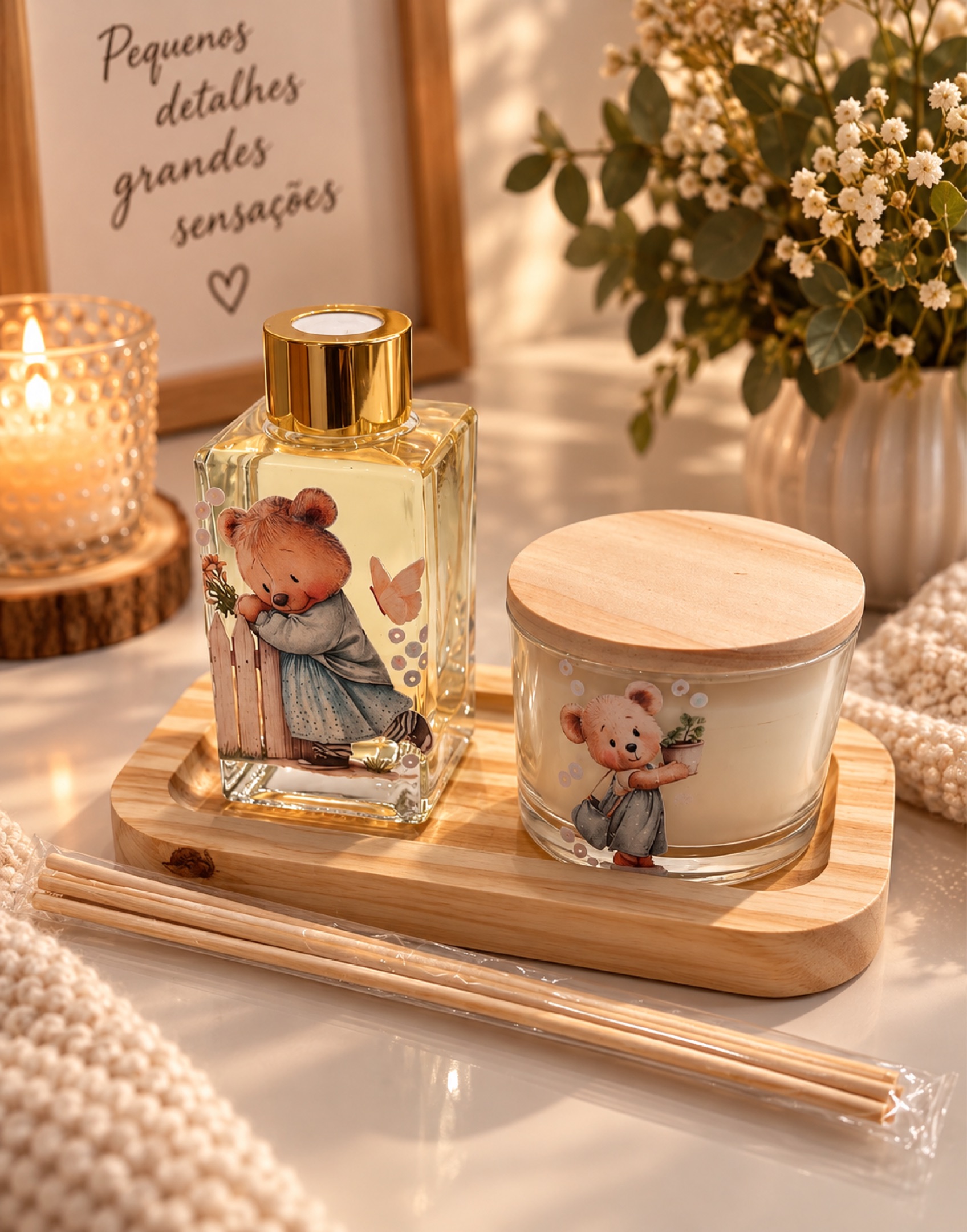 Kit Aromático Doce Encanto – Vela Artesanal e Difusor de Ambientes Ursinhos