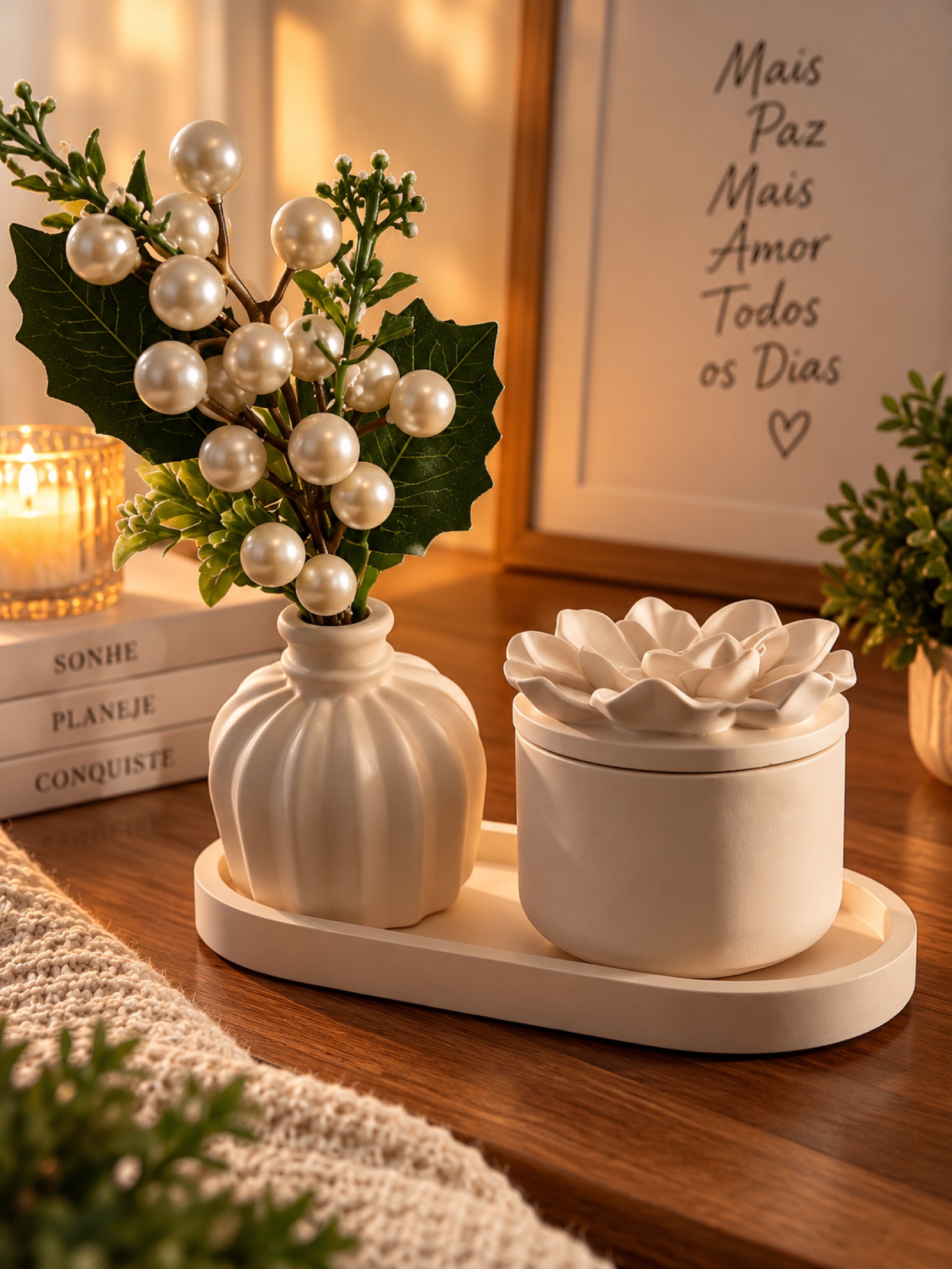 Kit Decorativo Jardim de Pérolas – Arranjo Floral, Porta-Joias e Bandeja