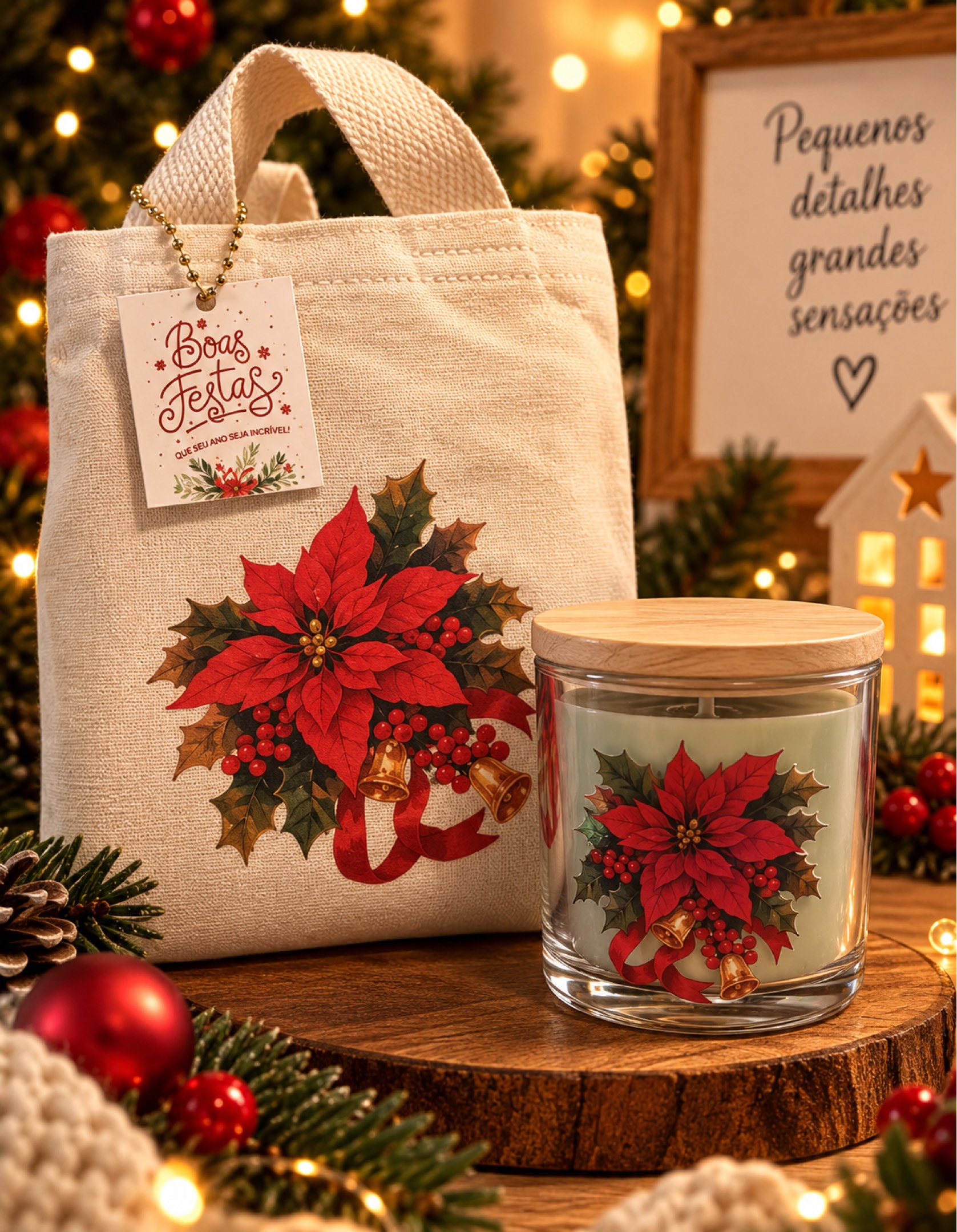Kit Natal Flor de Amor – Vela Aromática Artesanal com Sacolinha para Presente